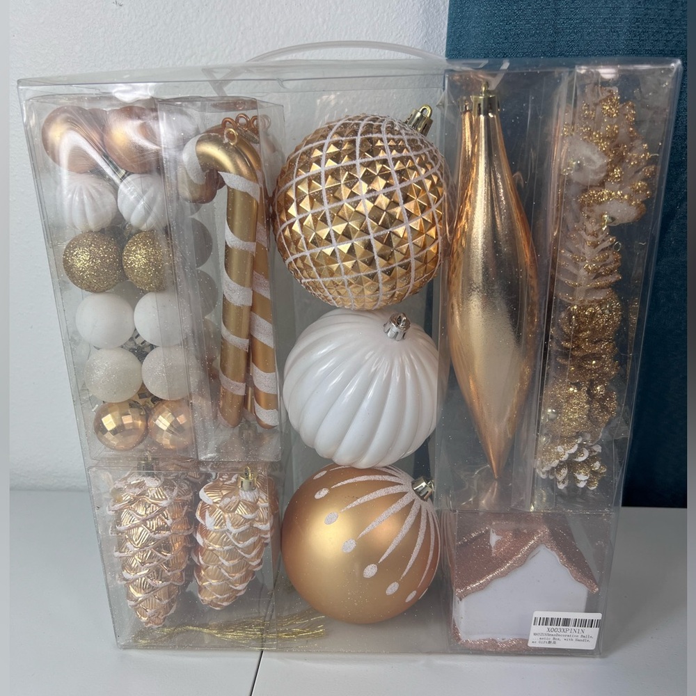 New in Box 72 piece Gold & White Shatterproof Christmas Ornaments - Picture 2 of 2